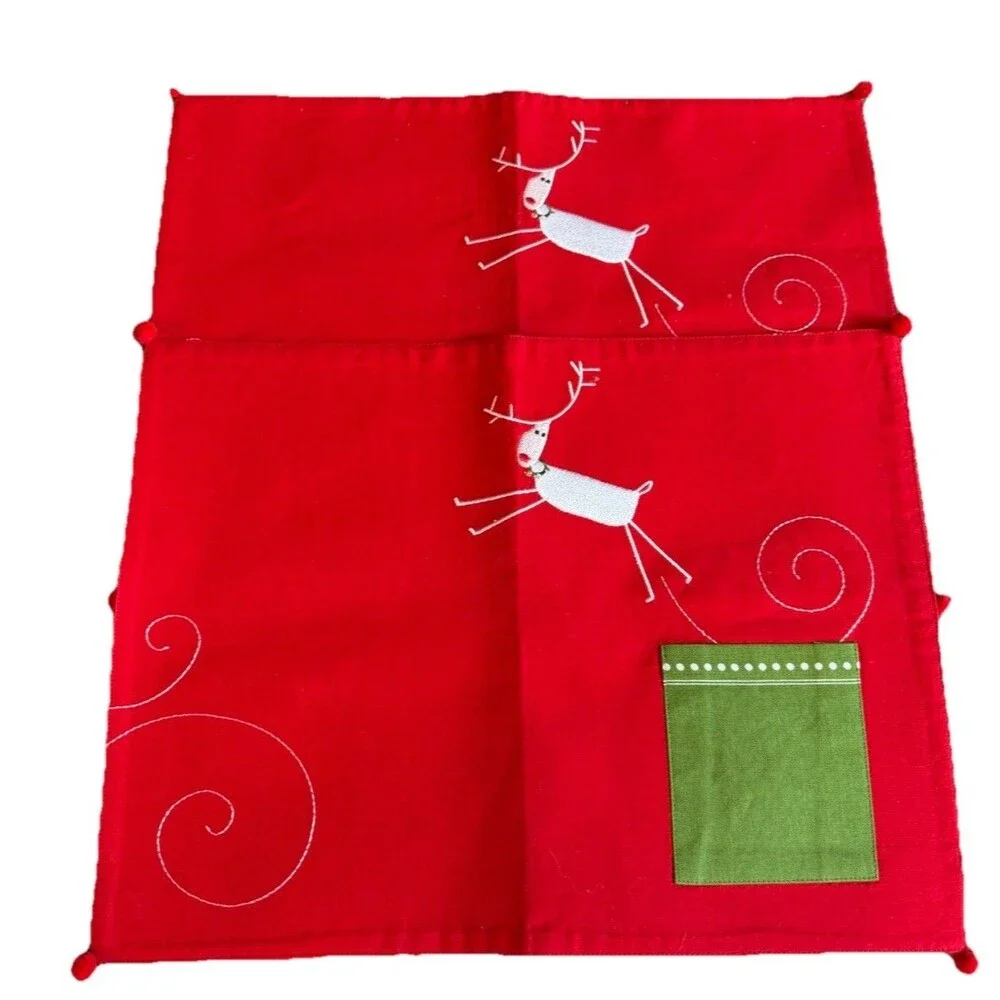 Tag Brand Christmas Red Placemats Reindeer Design 100% Cotton Set Of 2